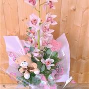 orchid &amp; teddy arrangement